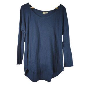 Lucy & Laurel Pullover Top Blue 1X Long Sleeve Stretchy High Low Hem Round Neck